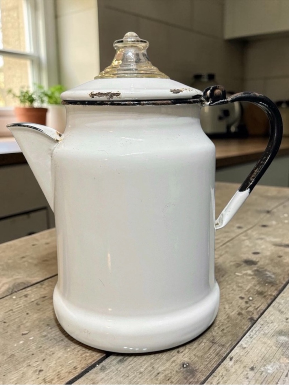 Vintage White Enamelware Drip Coffee Pot Camp Coffee Pot 9.5” Farmhouse Kitchen